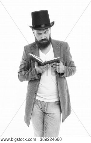 Artistic Person. Talented Artist. Bearded Man Read Book Isolated On White. Poetry Reading. Inspirati