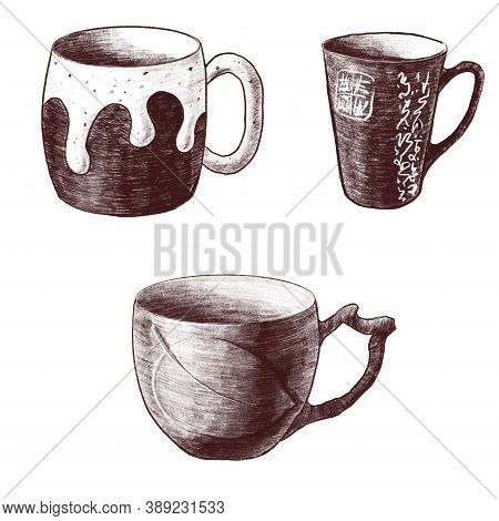 Set Of Three Monochrome Graphic Textured Cups. Pencil Illustrations Of Ceramic Mugs Of Tea Or Coffee