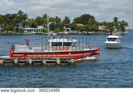 Miami Beach,florida,u.s.a. 10 October 2020.  City Of Miami Fire-rescue Boat Patrolling On Biscayne B