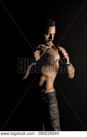 Sexual Desire And Attraction. Muscular Man Use Leather Belt. Fetish. Bdsm Love Game. Sportsman Bare 