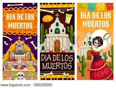 Day Of The Dead Or Dia De Los Muertos Vector Banners Of Mexican Fiesta Holiday. Catrina Skeleton, Su