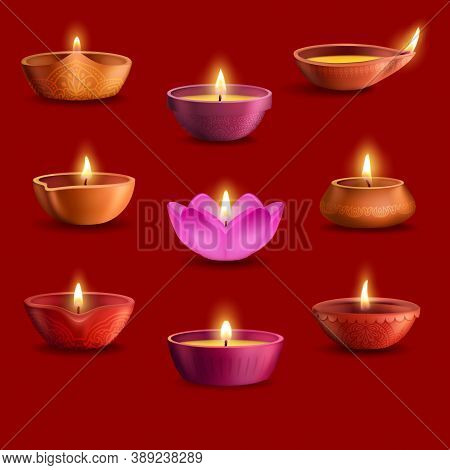 Diwali Diya Lamps Vector Set Of Deepavali Indian Light Festival And Hindu Religion Holiday Design. O