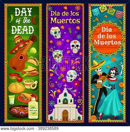 Day Of The Dead Sugar Skulls, Skeleton And Catrina Vector Banners. Mexican Dia De Los Muertos Sombre