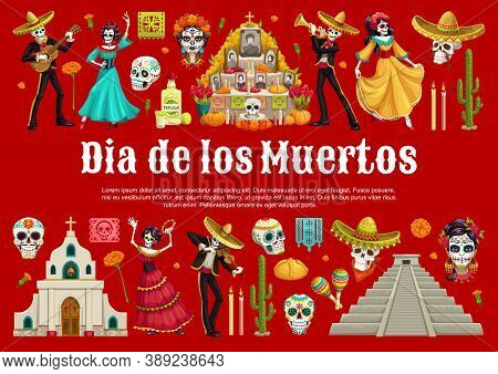 Day Of The Dead Sugar Skulls And Catrina With Mexican Dia De Los Muertos Altar Vector Banner. Dancin