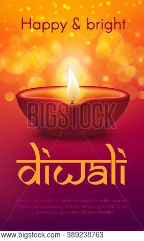Diwali Or Deepavali Indian Holiday Diya Lamp. Vector Hindu Religion Light Festival Greeting Card Wit