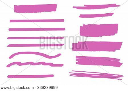 Pink Brush Marker Lines. Stroke Highlighted Stripes. Vector Illustration.