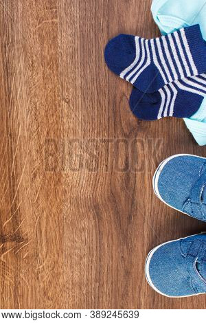 Blue Clothing For Newborn Baby Boy, Concept Of Expecting For Kids And Extending Family, Place For Te