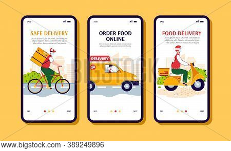 Online Food Order And Safe Delivery Mobile App Banner Set With Cartoon Courier Men In Medical Masks 