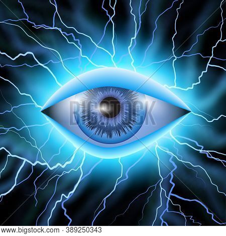 Abstract Blue Symbol Of All-seeing Eye On Dark For Decoration T-shirt. Concept Magic Occultism Esote