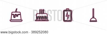 Set Line Pudding Custard, Battery, Cake With Burning Candles And Rubber Plunger Icon. Vector