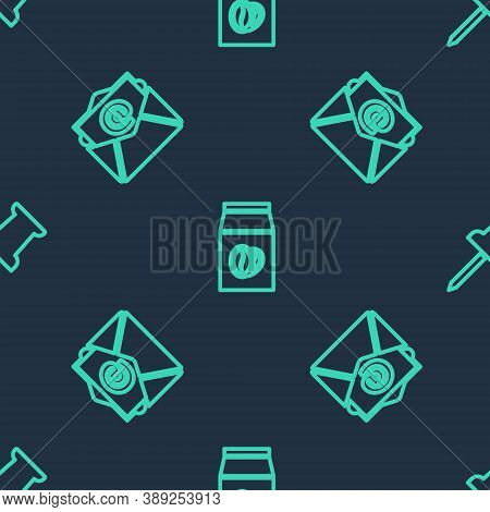 Set Line Coffee Beans In Bag, Mail And E-mail And Push Pin On Seamless Pattern. Vector