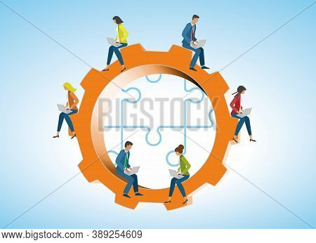It-managers Or Office People Sitting On Gear Wheel. Puzzle, Jigsaw Pices In Background. Vector Illus