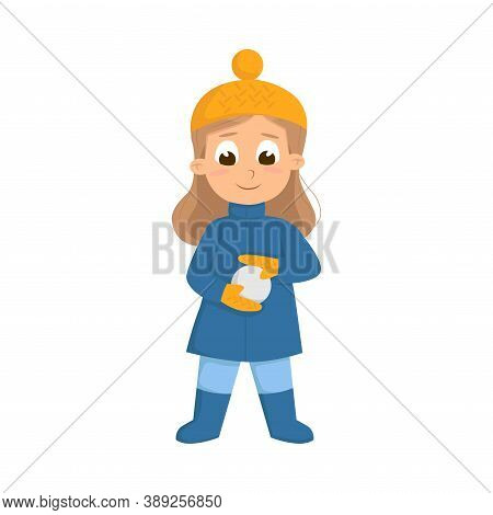 Cute Girl In Warm Hat And Knitted Mittens Playing Snowball Fight Vector Illustration