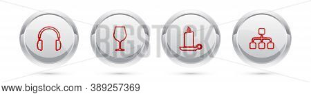 Set Line Headphones, Wine Glass, Burning Candle Candlestick And Hierarchy Organogram Chart. Silver C