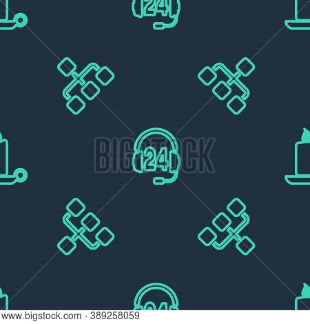 Set Line Headphone For Support, Hierarchy Organogram Chart And Burning Candle In Candlestick On Seam
