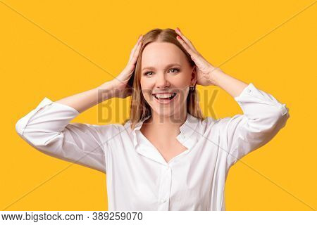 Amazed Woman Portrait. Exciting Opportunity. Wow Great. Mind Blown. Surprised Impressed Cheerful Lad