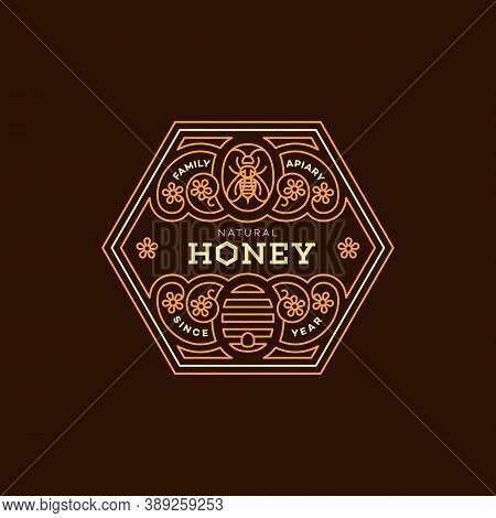 Label Design Tamplate In Trendy Linear Style For Honey Packaging Witn Floral Ornament, Bee And Beehi
