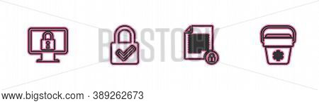 Set Line Lock On Monitor, Document And Lock, Check Mark And Cooler Bag Icon. Vector