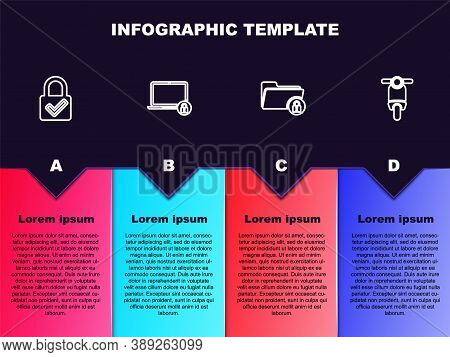Set Line Lock And Check Mark, Laptop Lock, Folder And Scooter. Business Infographic Template. Vector