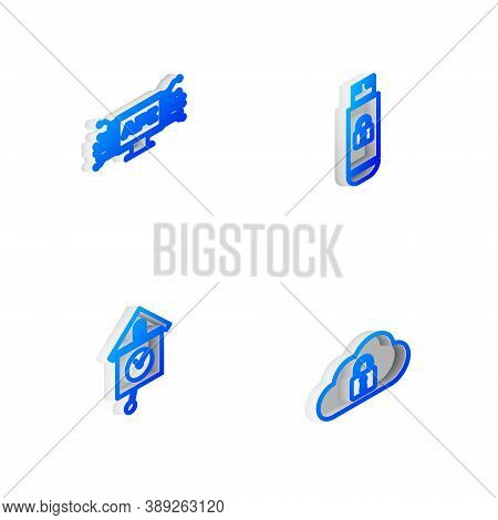 Set Isometric Line Usb Flash Drive With Lock, Computer Api Interface, Retro Wall Watch And Cloud Com