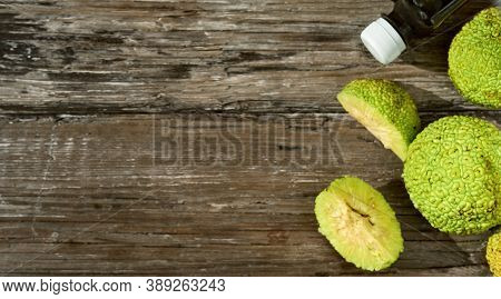 Fruit Of The Maclura Pomifera Tree Or Horse Apple On A Wooden Table. Sliced ​​adam's Apple For Medic