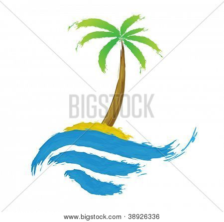 Tropisk palme på øen med havet. Vektor logo.