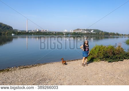 Smiling Mature Female Hiker With Her Dachshund Standing On The Bank Of The Maas River With The Old C