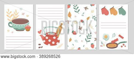 Culinary Cards. Kitchen Recipe Notebook Pages, Notes Paper Template. Tools Cutlery And Food, Tea. Ca