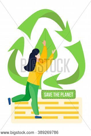 The Girl Holds The Image Of A Green Leaf And Raises It. Save The Planet Concept. People Protect The 