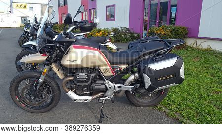Bordeaux , Aquitaine / France - 10 01 2020 : Moto Guzzi V85 Tt New Retro Motorcycle Front Of Bike De