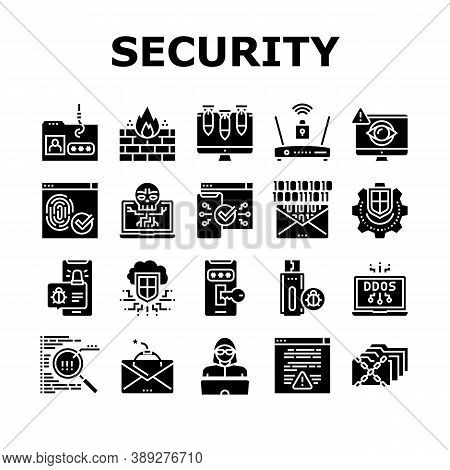 Internet Security Collection Icons Set Vector. Internet Ddos Computer Attack And Flash Drive With Vi