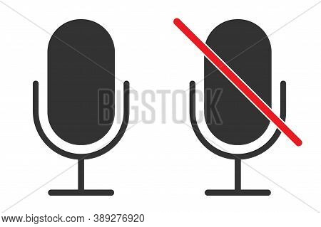 Mic Sign In Black. Isolated Microphone Icon. On And Off Recorder. Mute Symbol In Red. Classic Mic De