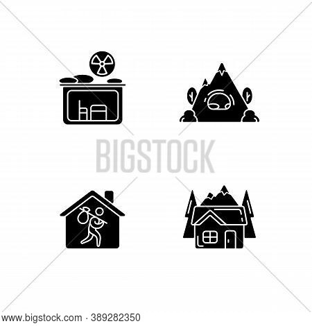 Transitional Housing Black Glyph Icons Set On White Space. Fallout Bunker. Civil Defense Measures. R