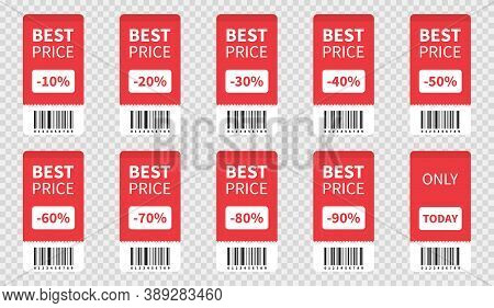 Best Price Tags. Isolated Sale Label. Promotion Set From 10 To 90 Percentage Off. Coupon Tag With Ba