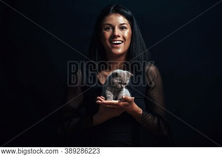 Beautiful Woman With A Bautiful Cat. Cat. Funny Photo.