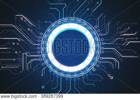 Abstract Glowing Digital Circle Wallpaper. Internet And Innovation Concept. Mock Up. 3d Rebdering