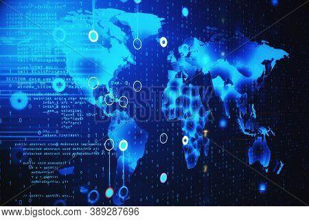 Digital World Map With Glowing Programming Interface. Software And Global Concept. 3d Rebdering
