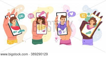 Chatting Phones. Modern Hands With Smartphones Video Messaging. Phones Screens With People Faces, Fa