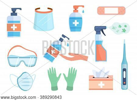 Ppe Icons. Hand Alcohol Sanitizer Bottles, Antiseptic Wipes And Antibacterial Liquid Soap, Med Mask 