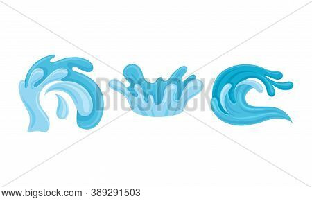 Blue Curved Water Splashes With Drops Vector Set