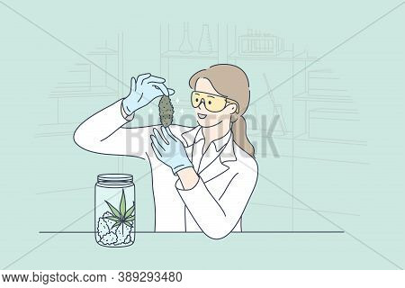 Science, Experiment, Drug, Medicine, Cannabis Concept. Young Happy Smiling Woman Girl Scientist Medi