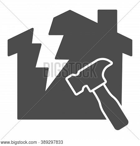 House With A Crack And Hammer Solid Icon, House Repair Concept, Reconstruction Sign On White Backgro