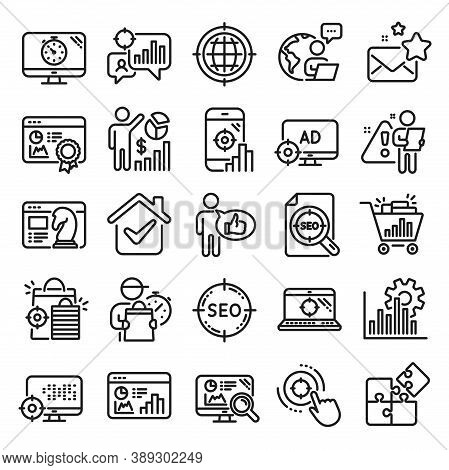 Seo Line Icons. Set Of Increase Sales, Business Ad Strategy And Website Optimization Icons. Puzzle, 