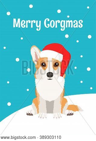 Christmas Card With Sitting Welsh Corgi Pembroke In Santa Hat. Inscription Merry Corgmas. Minimalist