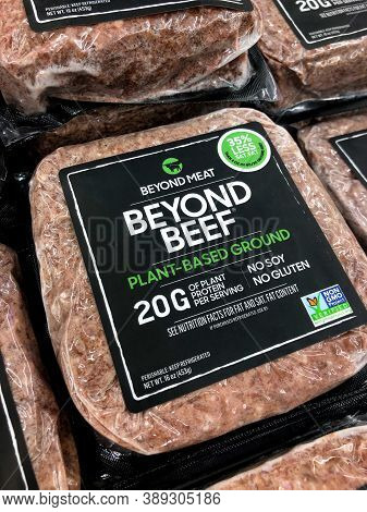 Tel Aviv, Israel - 5 October, 2020: Beyond Meat Brand Plant-based Beyond Beef Packages In The Meat S