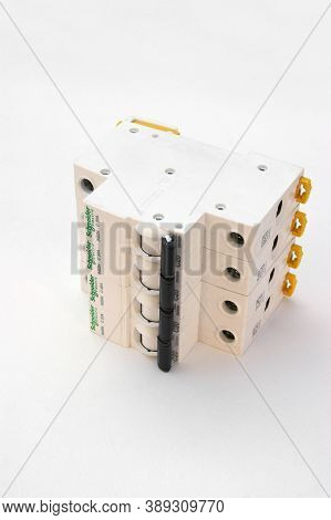 Kharkov, Ukraine - October 08, 2020 : Schneider Electric Circuit Breakers On White Background. Schne