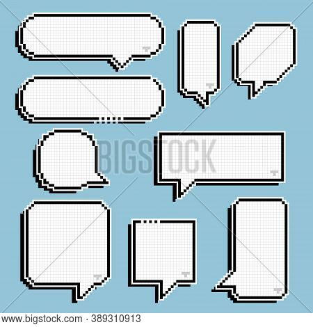 Collection Set Of Retro Game 8 Bit Line Pixel Speech Bubble Balloon Black And White Color With Shado