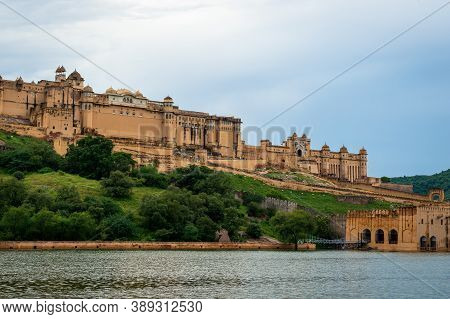Jaipur, Rajasthan, India, September 7, 2020 : Intricately Carved Gateway Amer Fort Palace With Maota