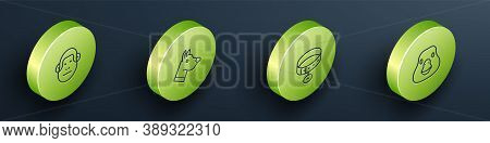 Set Isometric Monkey, Dog Head, Collar With Name Tag And Goose Bird Icon. Vector