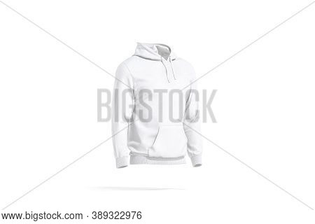 Blank White Sport Hoodie With Hood Mock Up, Side View, 3d Rendering. Empty Crewneck Sweater Or Hoodi